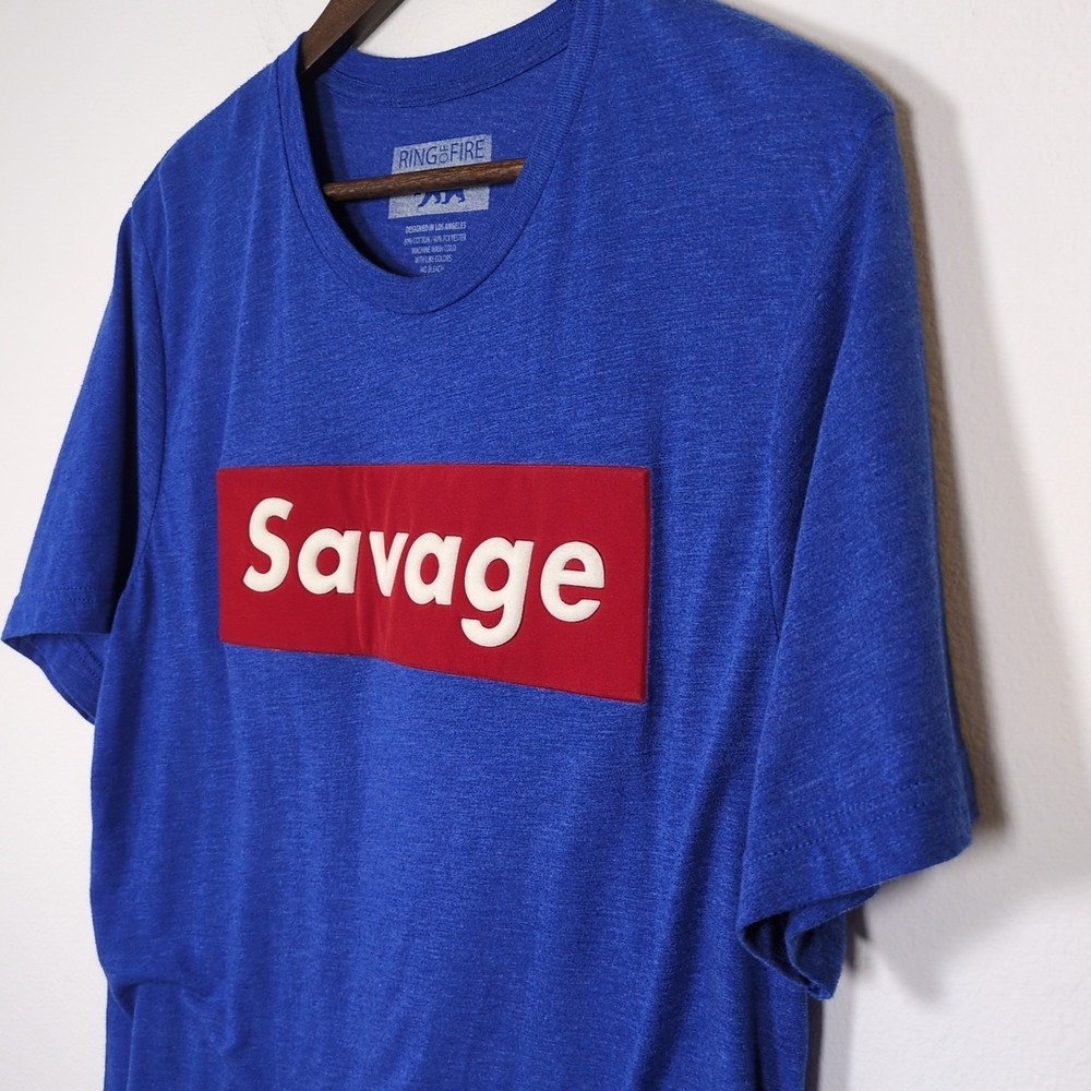 Ring Of Fire T- Shirt Blue With Emblazoned SAVAGE Red and White Print Sz Large - Picture 3 of 5